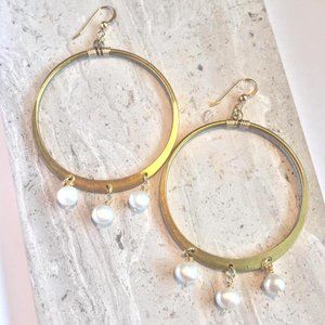 14K/ Ster. Huge Gold hoops/ Pearl Dangles Earrings